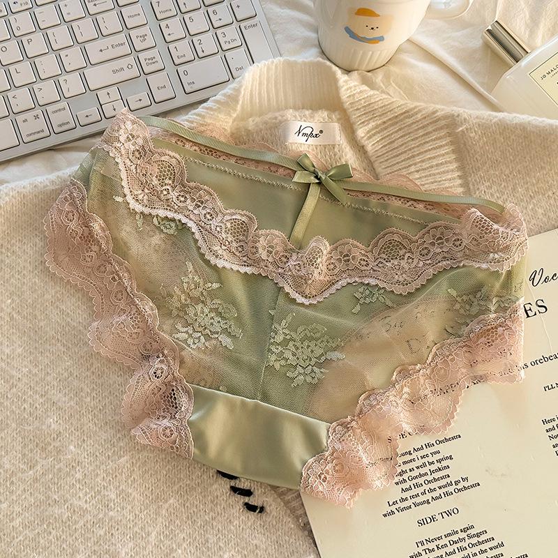 French Lace Satin Low-Waist Sexy Panties for Women with Cotton Crotch, Breathable and Stylish Design