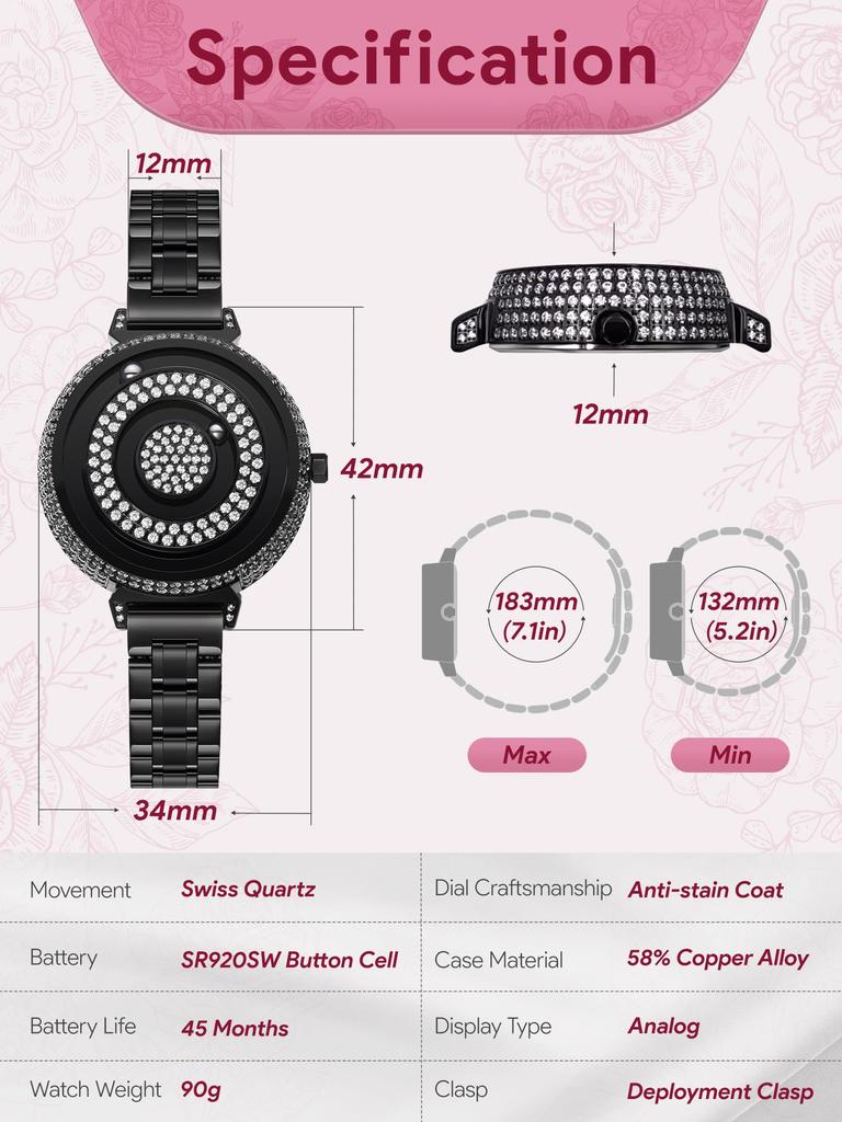 Magnetic Watch with Diamond Watch Quartz Watch Minimalism Casual Waterproof 36MM Black Dial Black Stainless Steel Band [EUTOUR] Women's
