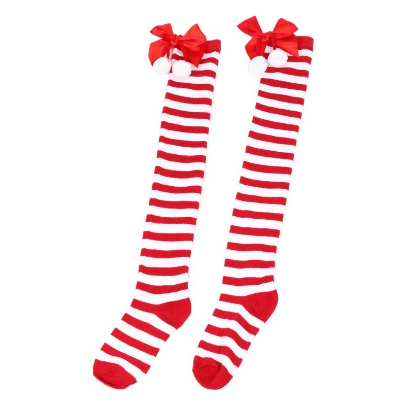 Striped Stockings For Women Over The Knee Long Socks Christmas Green Red Bowknot Long Socks Female Leg Stocking