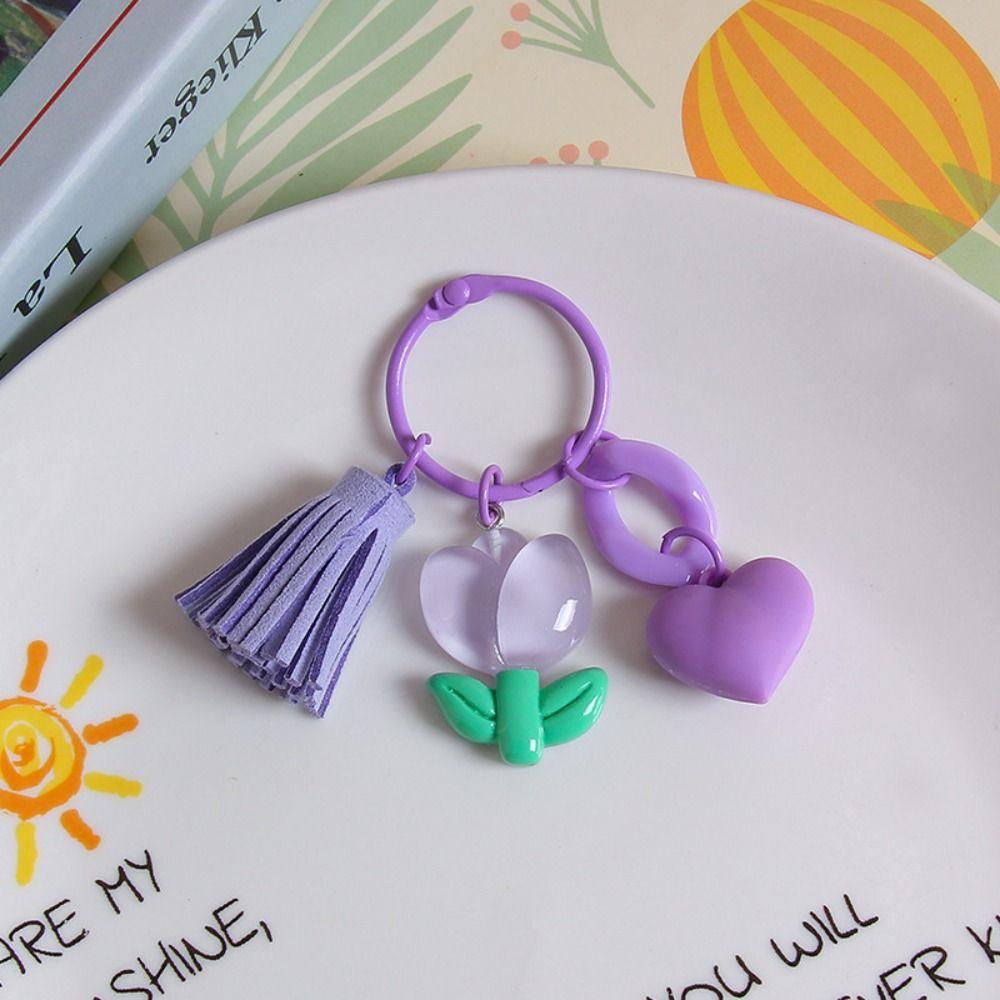 Young Girl's Heart Tulip Flower Keychain With tassel Sweet Resin Tulip Keyring   Girls