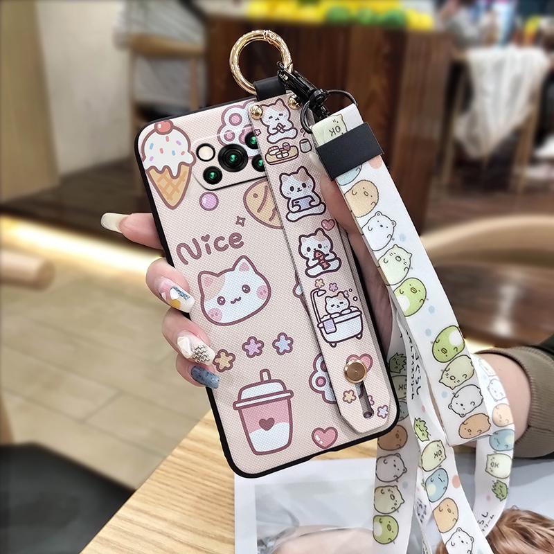 Anti-dust Kickstand Phone Case For Xiaomi Poco X3 NFC/X3 Pro Wristband Lanyard Dirt-resistant Back Cover Cartoon Ring