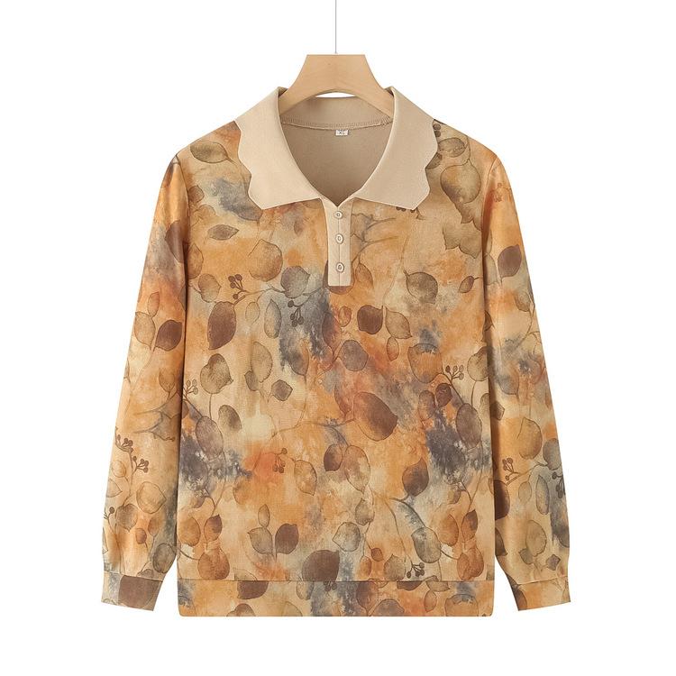 Mom's Spring and Autumn Long-sleeved Knitted Shirt New Style Middle-aged and Elderly Women's Lapel Printed Top Fashionable Base Shirt