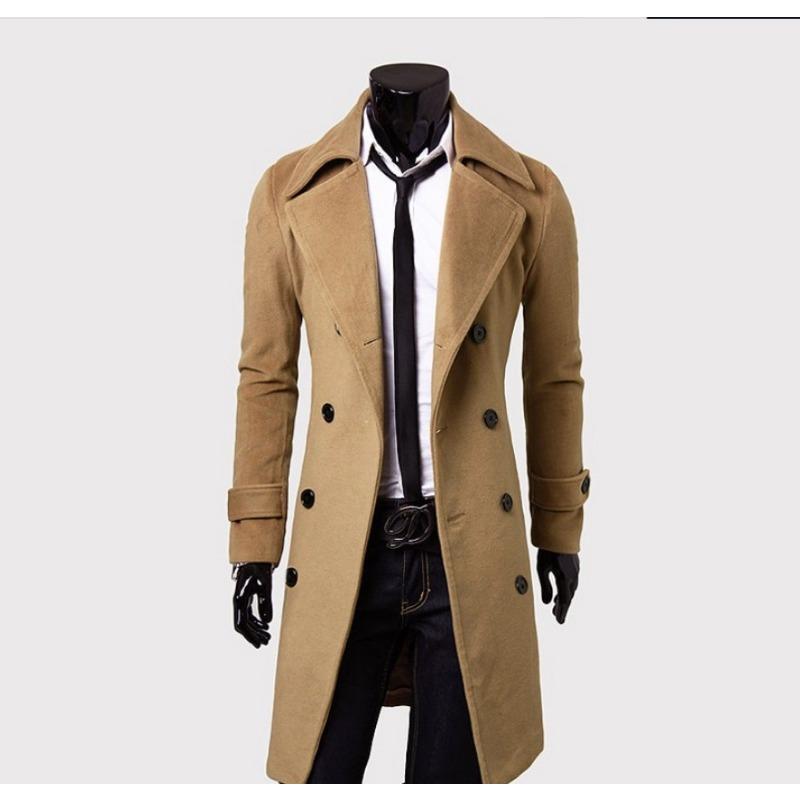 Men S Double Breasted Mid Length Casual Slim Woolen Trench Coat