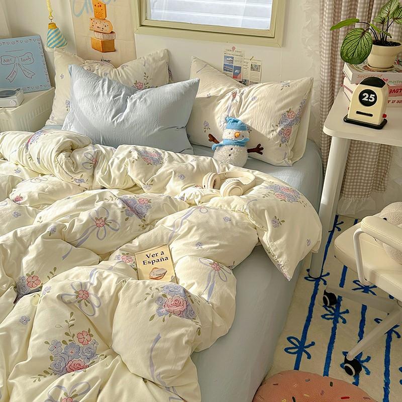 INS Cartoon Pattern Bedding Set For adults kids Fluffy pink lovely Flat Sheet With Pillowcases Colorful King Queen Full size