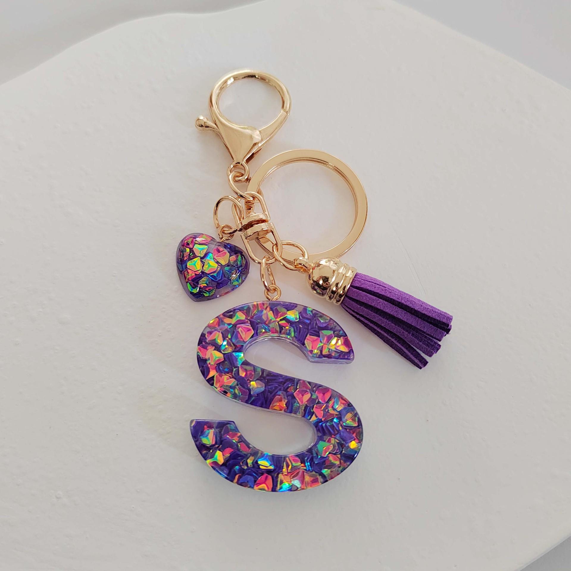 Candy Color Sequin Letter Keychain with Iridescent Heart and Tassel Charm