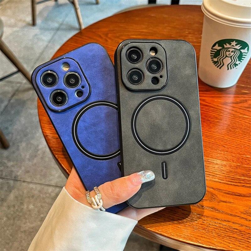 Luxuriöses, mattes Leder-Magnetgehäuse für iPhone 15 14 13 11 12 Pro Max Plus-Hüllen für Magsafe Wireless Charging Cover-Zubehör