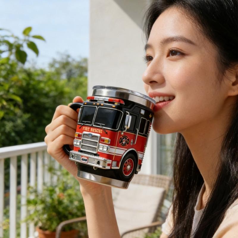 Portable Insulated Fire Truck Shape Coffee Cup with Detailed Design Drinking Cup Suitable for Gift Givings or Individual
