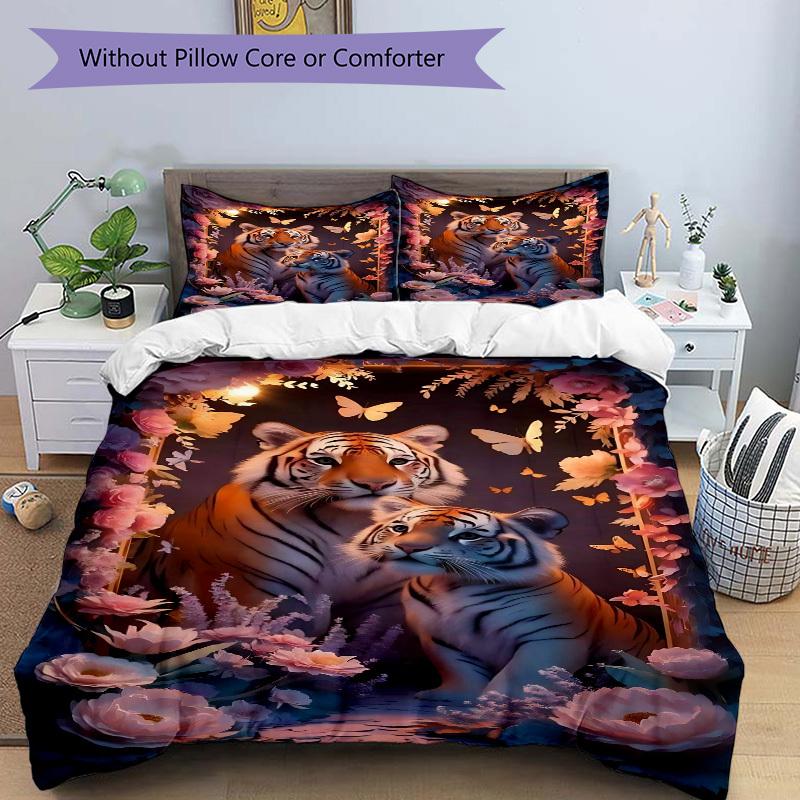 3-teiliges Tigerfamilie Bettwäsche-Set - Enthält 1 Bettbezug und 2 Kissenbezüge, Kein Bettdeckenbezug, Ganzjahres-Heimdekoration yy251111044