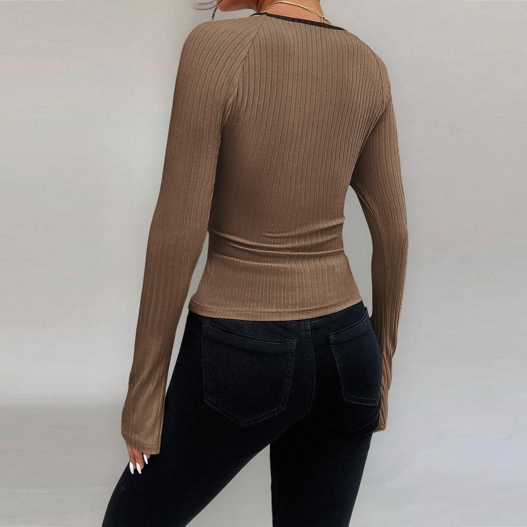 Women's Fashion Long Sleeve U-Neck Knitted Bottoming Top