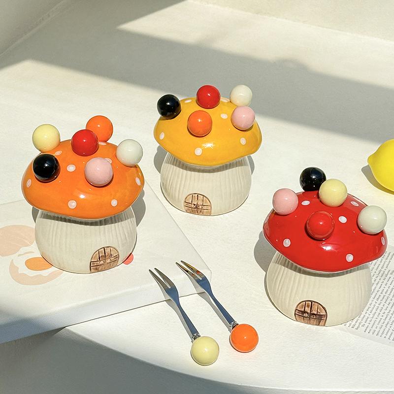 Cute Mushroom Fruit Fork Set Dessert Cake Stainless Steel Small Fork Storage Can Fruit Fork Home Decoration Kitchen Accessories