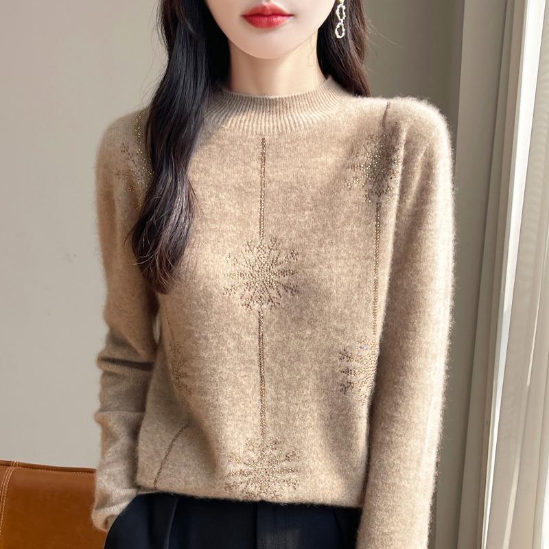 Women S Loose Fit Half Turtleneck Pullover Sweater With Rhinestones