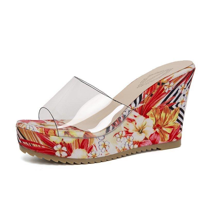 Summer new flower slope heel cool slippers women's transparent outer wear one-word fish mouth high-heeled slippers