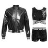 Kids Girls Sparkling Sequined Dance Costume Sleeveless Crisscross Strap Crop Top with Shorts and Metallic Jacket