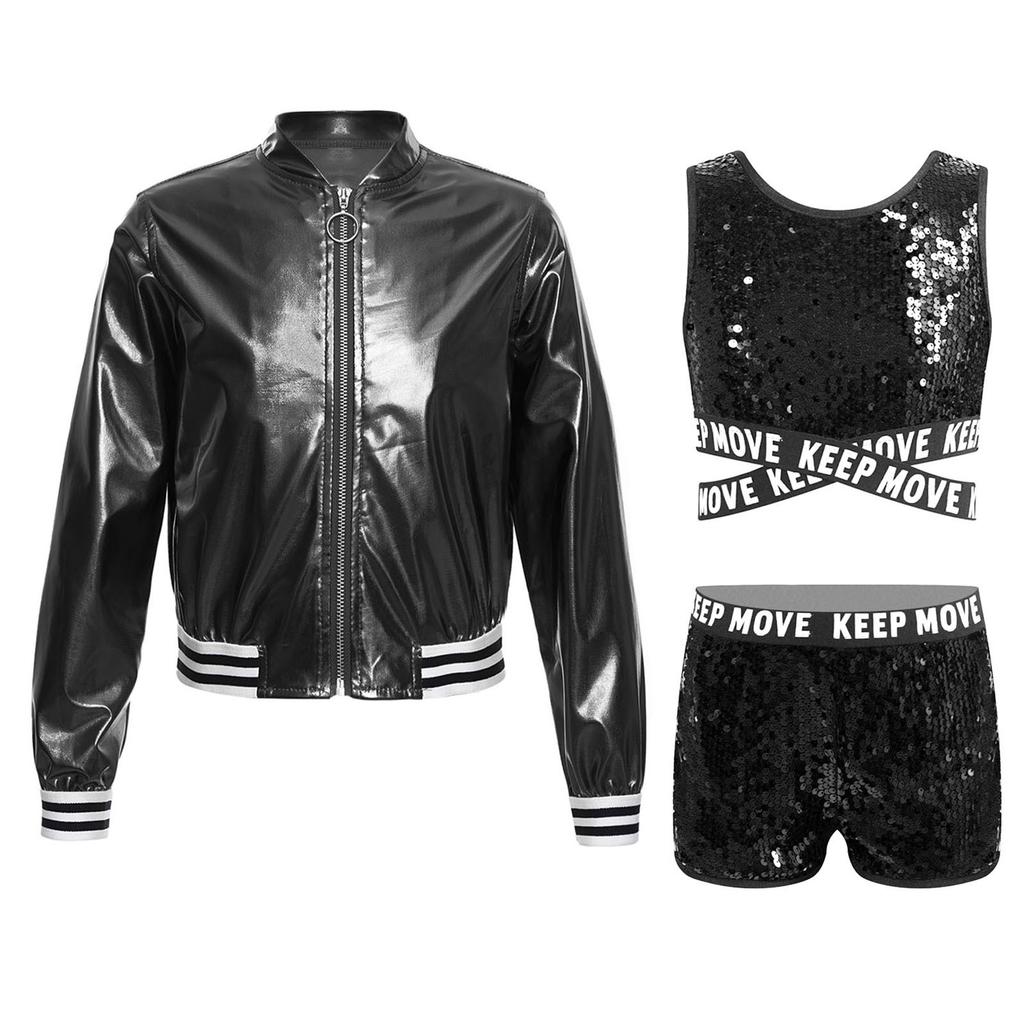 Kids Girls Sparkling Sequined Dance Costume Sleeveless Crisscross Strap Crop Top with Shorts and Metallic Jacket