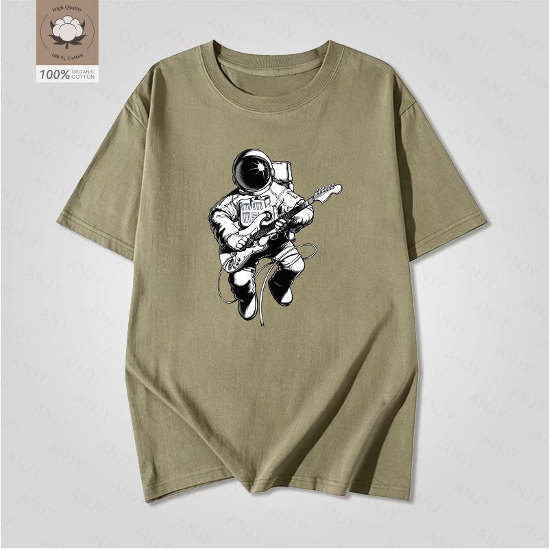 Space Astronaut Guitar Print Short Sleeve Unisex Retro Rock Style Loose Fit Pure Cotton Tshirt Streetwear