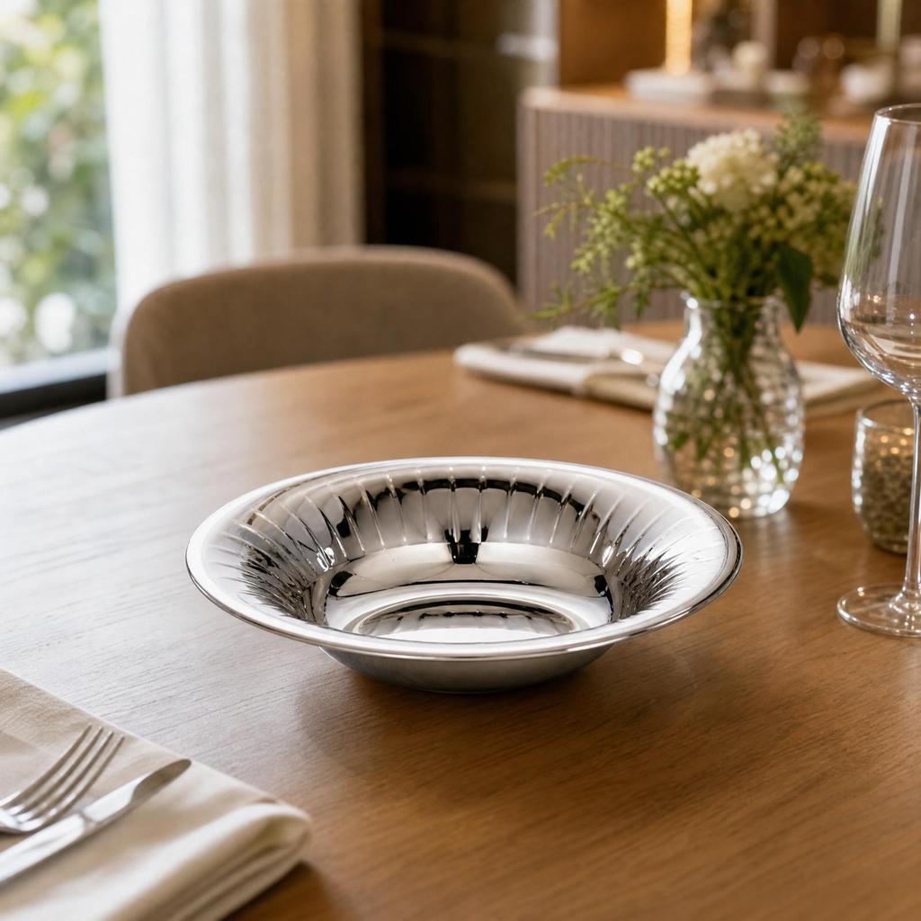Stainless Steel Serving Plate Reflective with Fluted Rims Silver Polished
