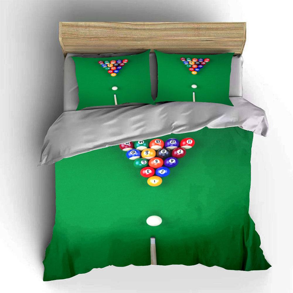 3Pcs Billiards Pool Bedding Set, 8-Ball Game Print Duvet Cover Set, Green Table With Cue And Balls Pattern For Game Room Decor