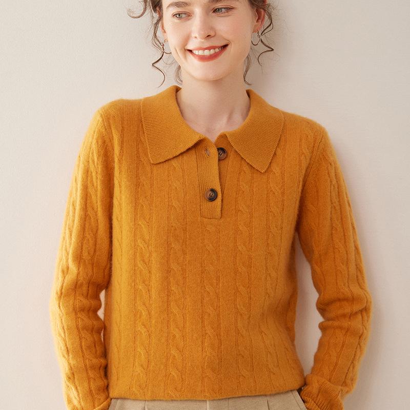 2025 Autumn/Winter Women's Cable Knit Cashmere Polo Collar Pullover