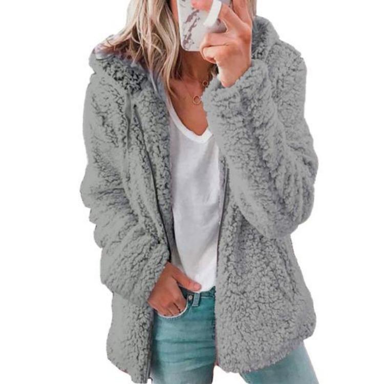 Warme Damen Sherpa Jacke mit Kapuze Fleece Mantel Freizeit Einfarbig Plüsch Reißverschluss Winddicht Herbst Winter Strickjacke