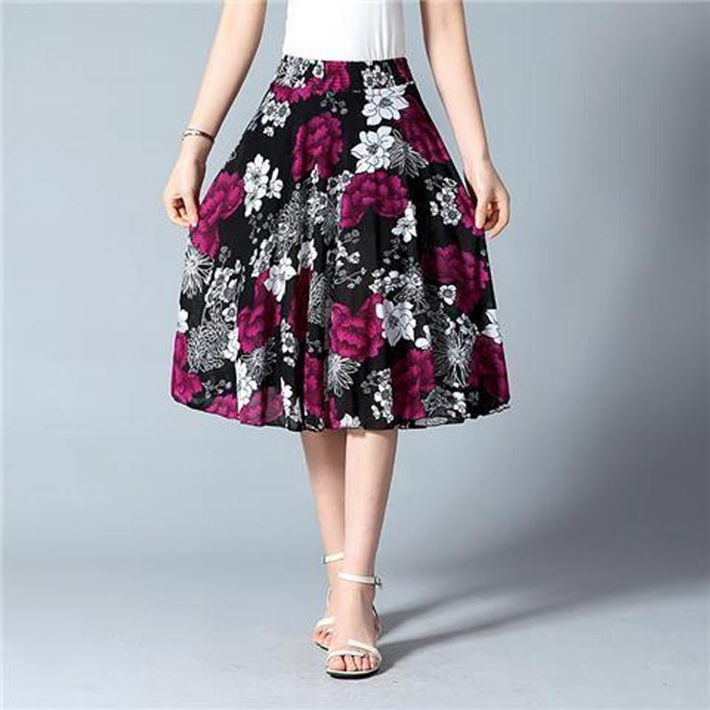 Fuste cu flori de lungime mijlocie de vară cu talie elastică femei lejer casual din șifon din mătase de gheață rochie de plajă pentru femei