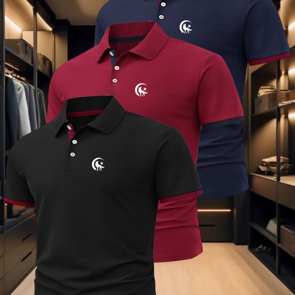 Herren-Polohemd-Set mit Wolfsdruck, Stilvoll und geeignet für Business Casual, Bequemes und atmungsaktives kurzärmeliges Polohemd für den Sommer