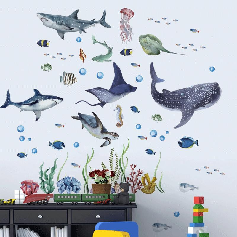 Watercolor Sharks Ocean Wall Stickers Ocean Animal Fish Marine Life Wall Sticker Baby Nursery Kids Room Play Room Decor