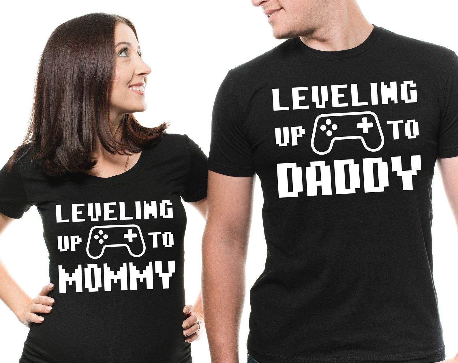 Gamer Pregnancy AnnouncemenT-Shirts: Leveling Up to Mommy Daddy Matching Tees L