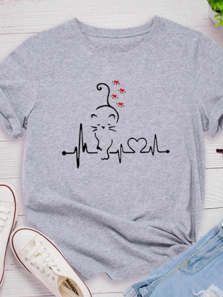 Cat Heartbeat Print Women T Shirt Short Sleeve O Neck Loose Women Tshirt Ladies Tee Shirt Tops Clothes Camisetas Mujer