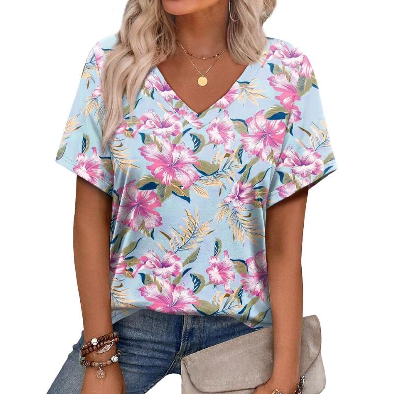 New Casual High-quality Retro Style 3D Women's Short Sleeved V-neck T-shirt