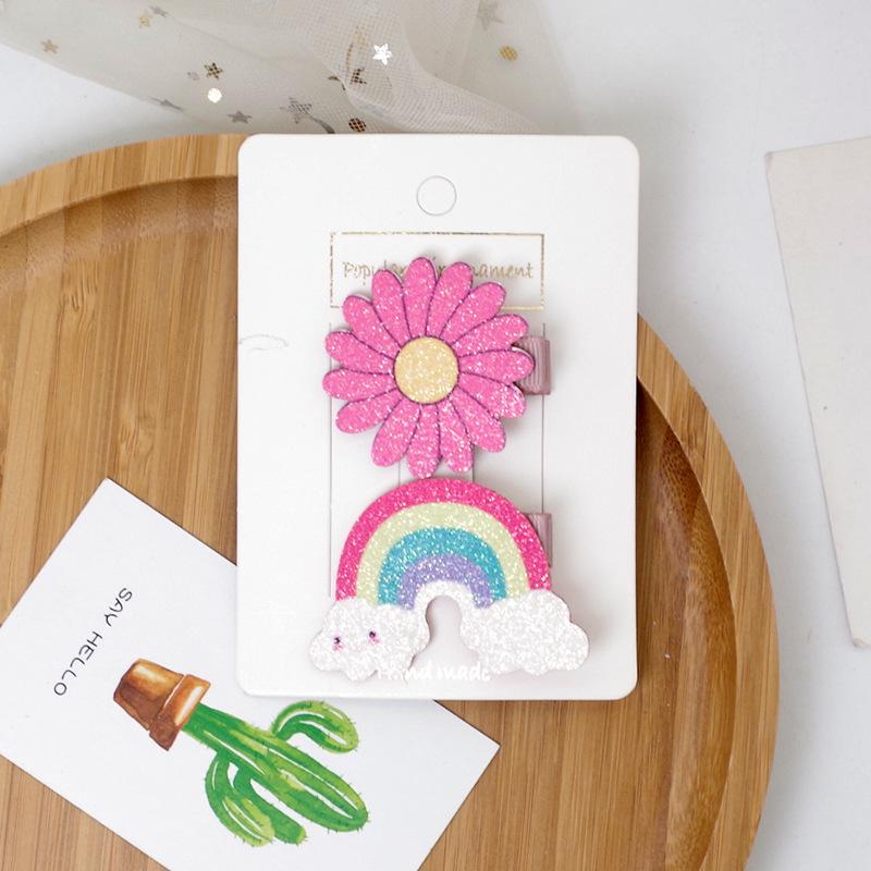 

2 шт. корейские блестящие заколки для волос Kawaii для девочек, сверкающие заколки для волос с мультяшным единорогом и радужным цветочным принтом, детские головные уборы, аксессуары для волос