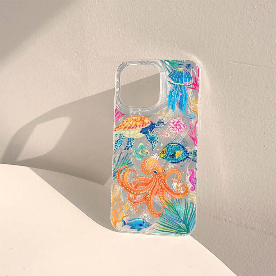 Marine Animals Illustration Feather Phone Case For iPhone 17 16 15 14 13 12 11 Pro Max 16E 17E XS X XR 7 8 Plus Shockproof Cover