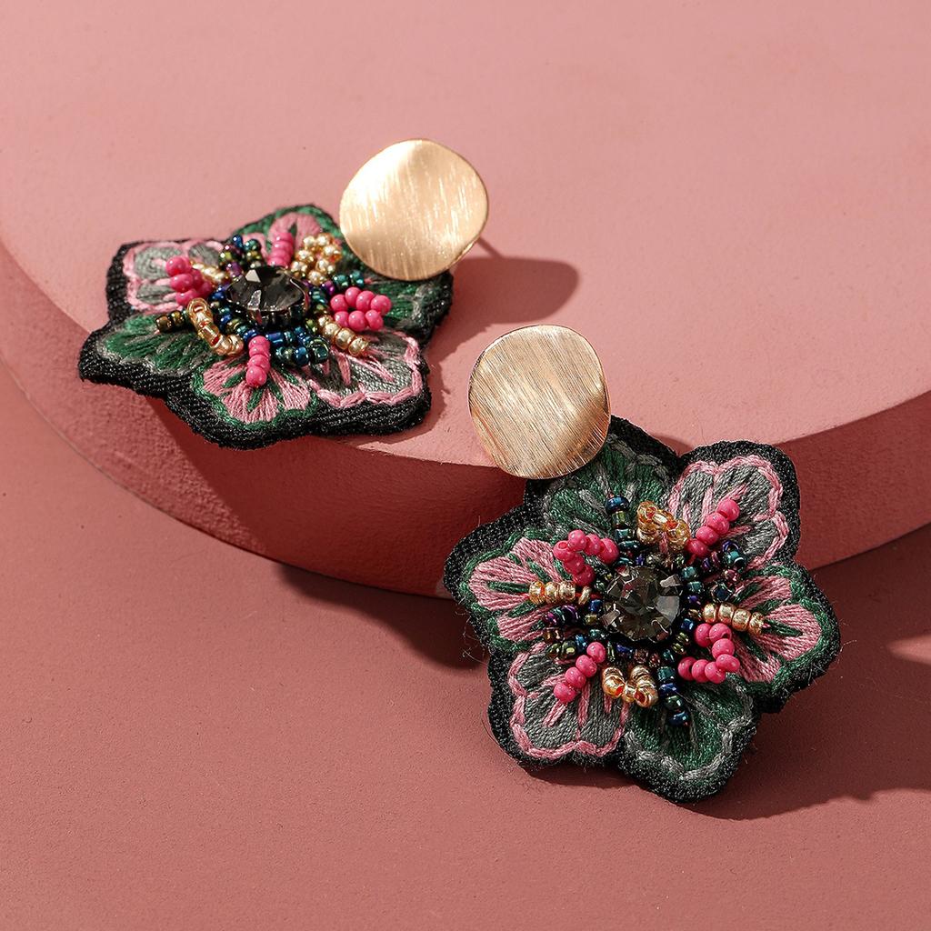 Handmade Embroidered Flower Dangle Earrings For Women Boho Luxury Elegant Colorful Rice Beads Decor Pendant Fashion Jewelry Gift