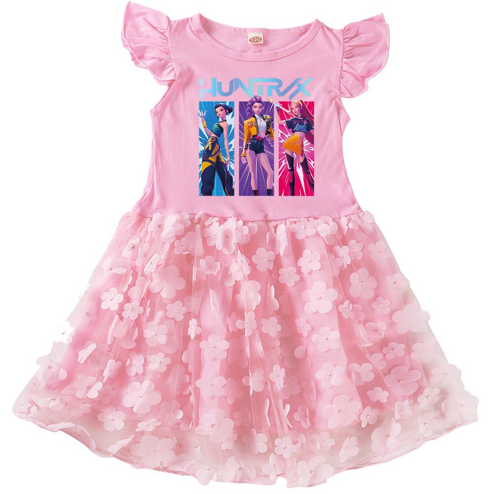 

Детское платье для девочек, аниме, мультяшное, K-pop, принт суперзвезды, оборки, короткий рукав, хлопок, повседневное, с цветочным сетчатым верхом 140cm розовый