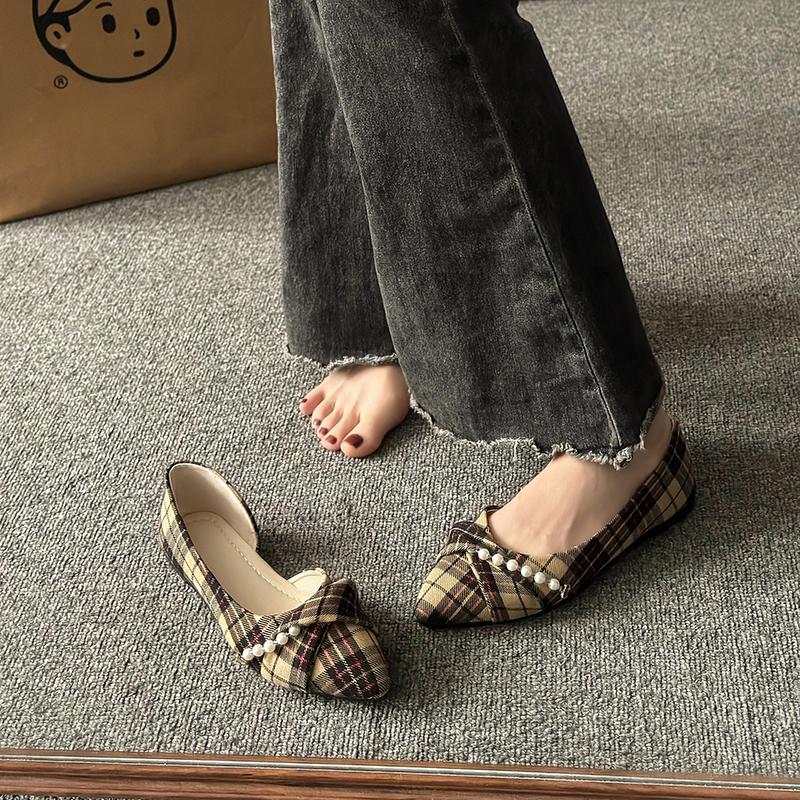 Shallow Mouth Pearl Decoration Soft Korean Shoes Bow Women's Shoes Casual Shoes Pointed Beads Fashion Women's