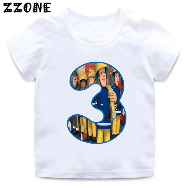 Fireman Sam Firefighter Print Cartoon Boys Clothes 1 2 3 4 5 6 7 8 9 Years Birthday Number Kids T shirt Cute Baby Girls TShirts