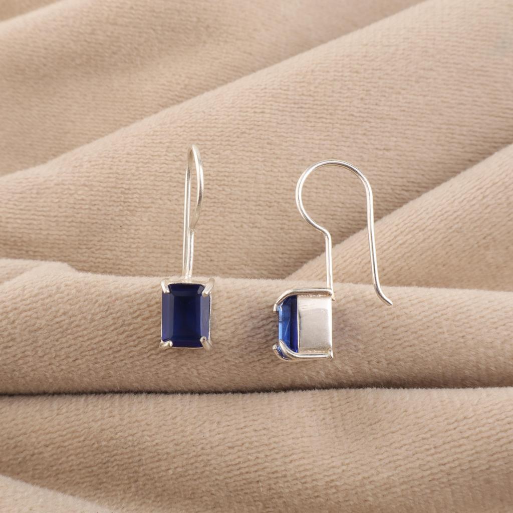 Blå safir ädelsten 925 sterlingsilver Handgjorda smycken vacker Hängande örhänge 1 tum För Alla hjärtans dag-present EE-180-2