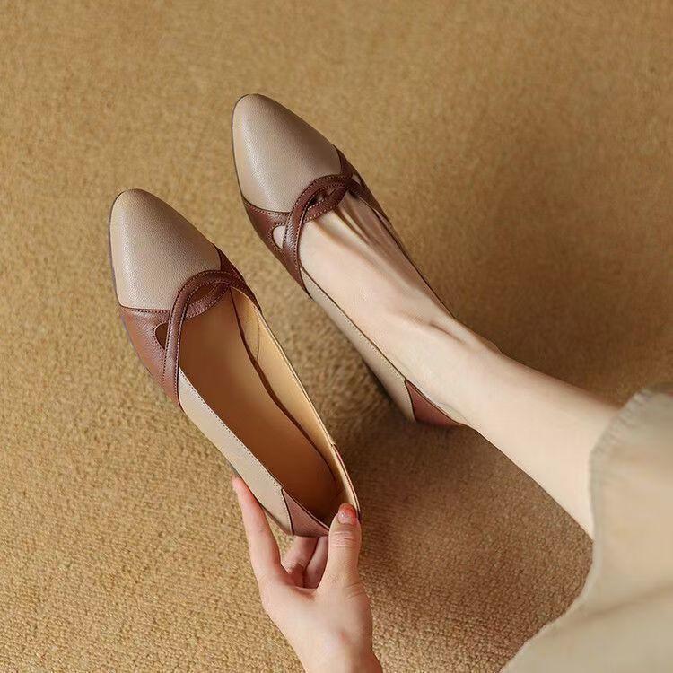 

Soft leather low-heeled women s shoes 2024 autumn new products versatile retro color matching light mouth does not fall off, commuting thick-heeled s 40 хакі
