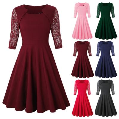 Women's Square  Neck Short Sleeve Lace Stitching Dress Casual Dress Commuting Dress