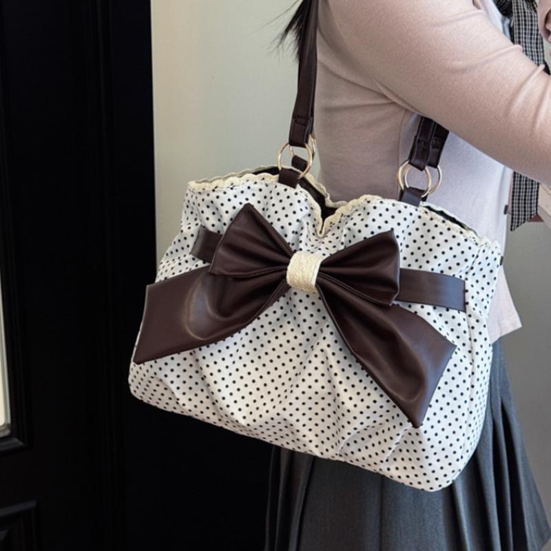 Vintage Y2k Polka Dot Bow Shoulder Bag Japanese Sweet Underarm Bag Stylish Cute Lolita Handbag Casual Versatile Plush Tote Bag