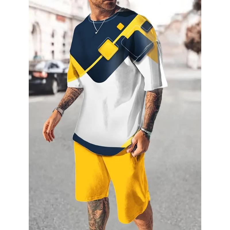 

2025 Мужской костюм Повседневный простой узор с принтом Футболка Гавайский Повседневный отпуск Футболка из двух частей Быстросохнущий мужской комплект с короткими рукавами 6XL