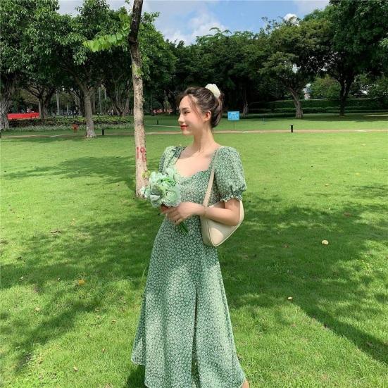 Women Summer Dress Bubble Sleeves High Split Loose Hem Square Neck Flower Print Dating Shirring Tight Waist Women Midi Dress Female Clothes