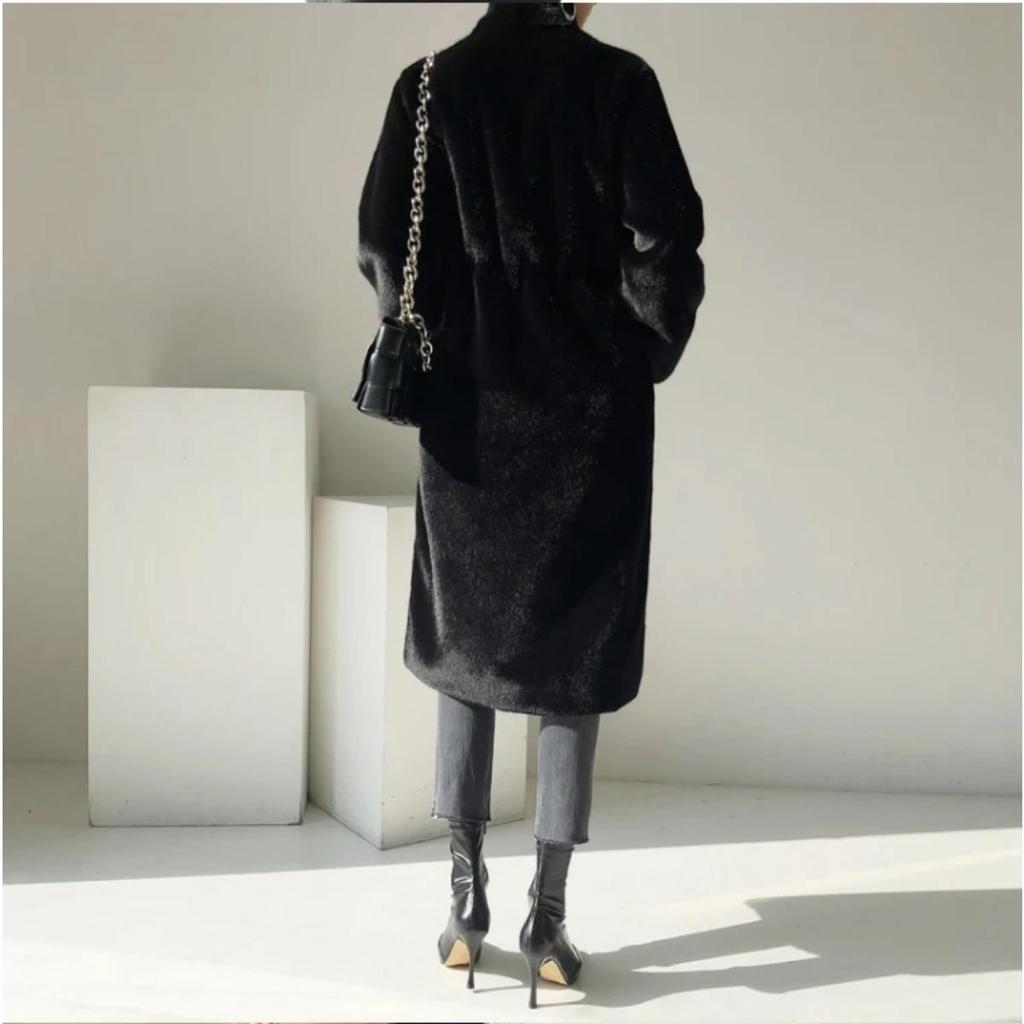 Winter Lang Schwarz Luxuriös Elegant Stilvoll Dick Warm Flauschig Zottelig Weich Faux Nerz Pelzmantel Damen Stehkragen Schärpen