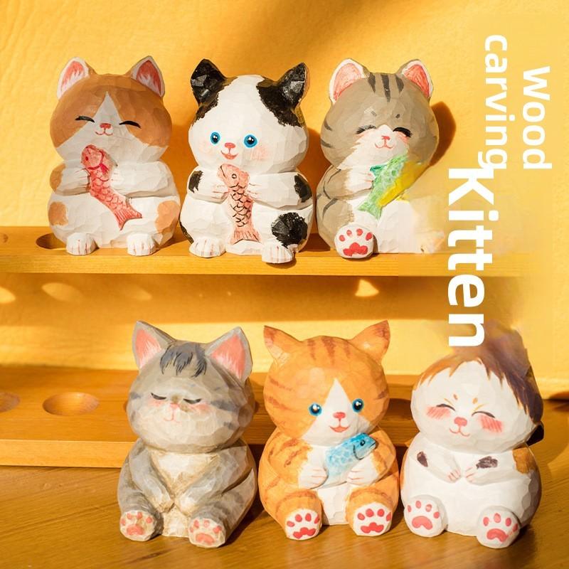 Wooden Lucky Cat Craft Decor With Cute Design For Home Office And Car Interior