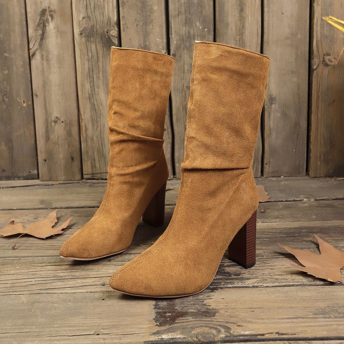 

Женские замшевые кожаные сапоги до середины голени, сексуальные сапоги с острым носком и высоким каблуком, плиссированные длинные сапоги, женская мода, толстый каблук, Botas De Mujer 43 хаки