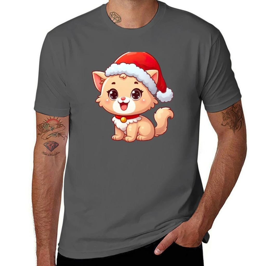 Cute Kitten In Santa Hat T-Shirt Work Outdoor T-Shirt for Men