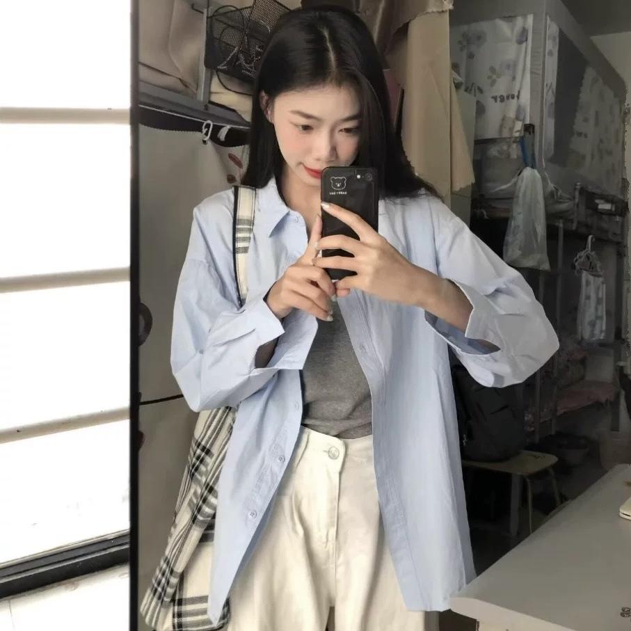 Korean Blue Thin Sun Protection Shirt for Women, Loose Relaxed Casual Top for Spring and Summer, Polo Collar Versatile Long-Sleeve Shirt