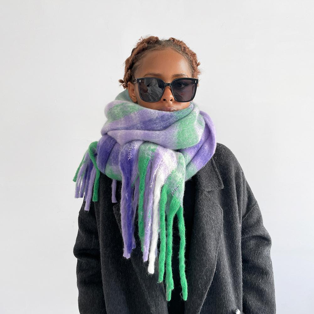 Classic Striped Plaid Seahorse Hair Scarf Women's Winter Warm Advanced Sense Rubbing Beard Long Fringed Scarf