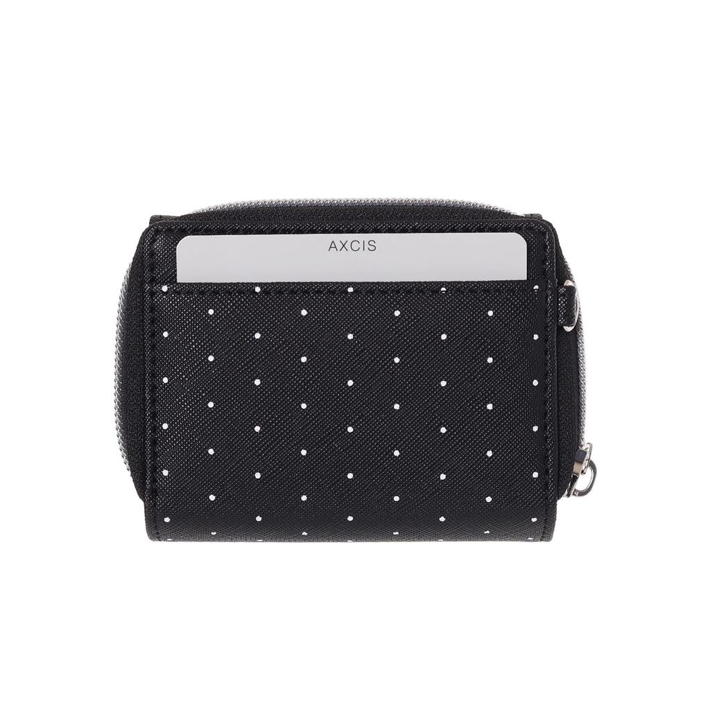 Coboca+ WC25111 Tri-fold Wallet, Black, with Ribbon, 6 Card Slots, Coin Purse, Polka Dot Pattern, 9cm X 10cm X 3cm, with Bead Charm (Black)
