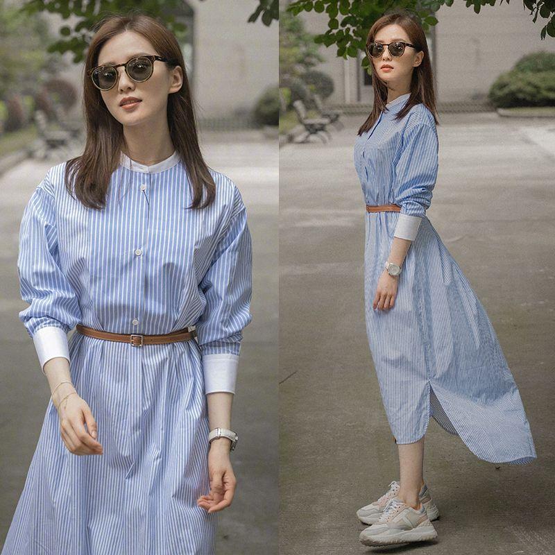 

Рубашка в сине-белую полоску в стиле звезды Лю Шиши, платье для чаепития во французском стиле, весенне-осеннее приталенное темпераментное длинное платье для женщин Striped skirt (belt) S