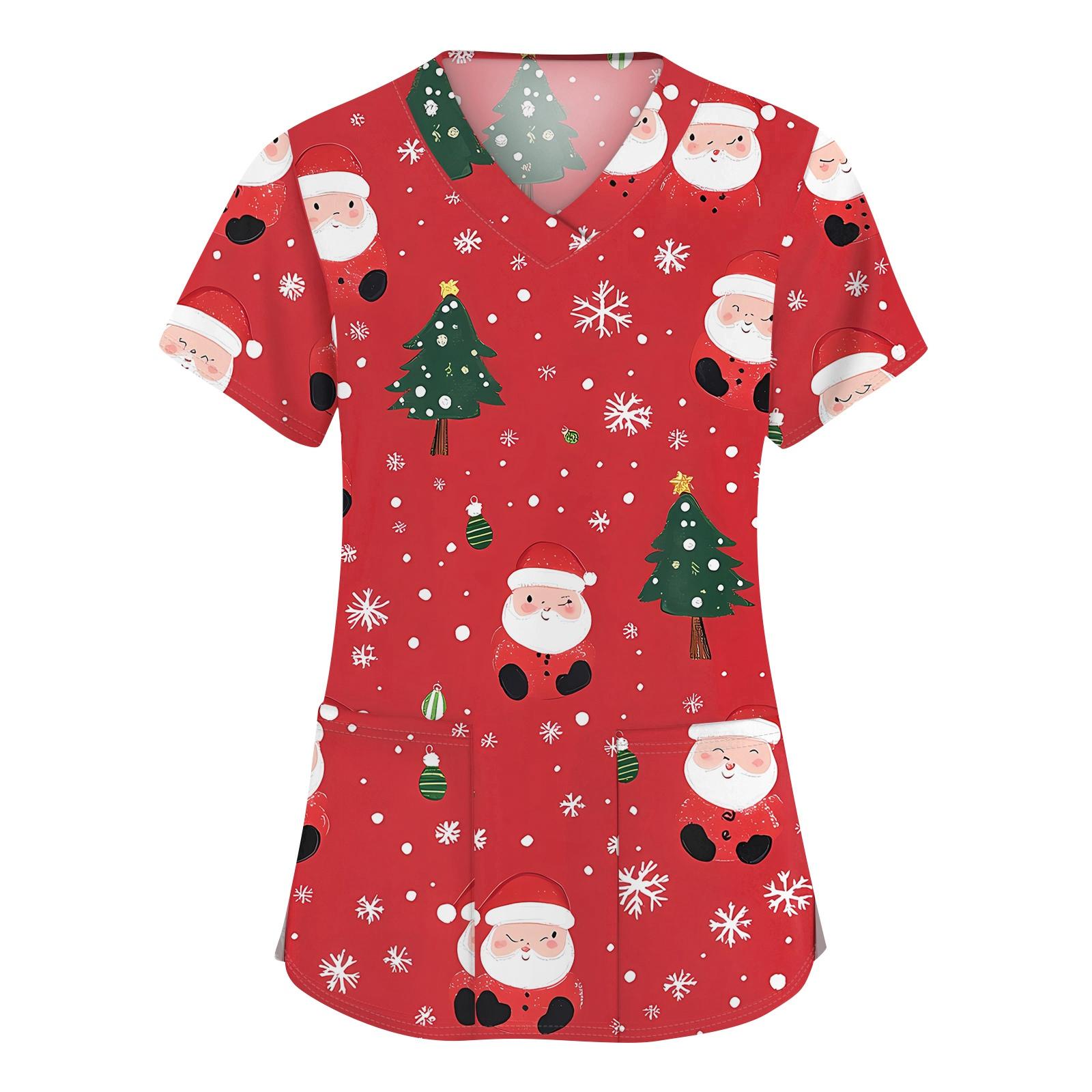 

Женская мода с v-образным вырезом, короткими рукавами и карманами, топы с рождественским принтом XXL